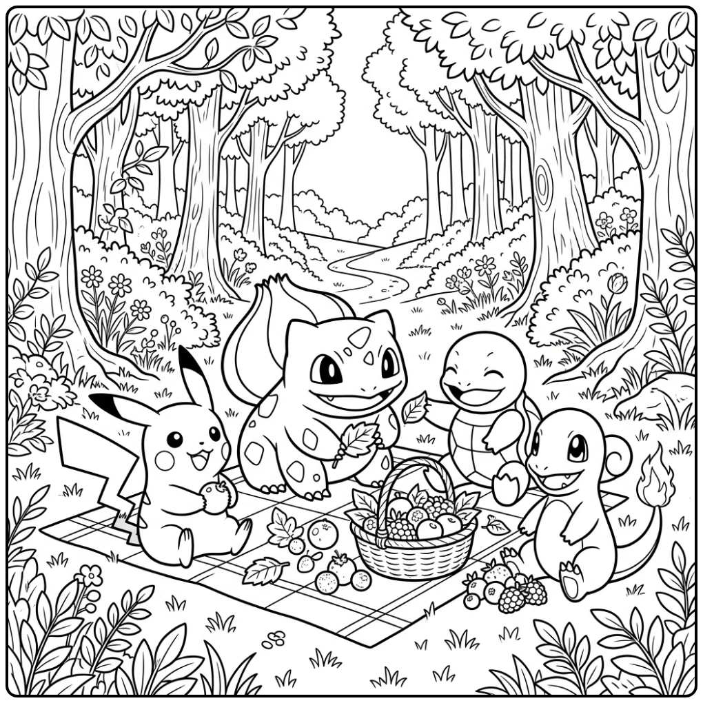 Vrolijke bulbasaur kleurplaat met Pikachu en vrienden.