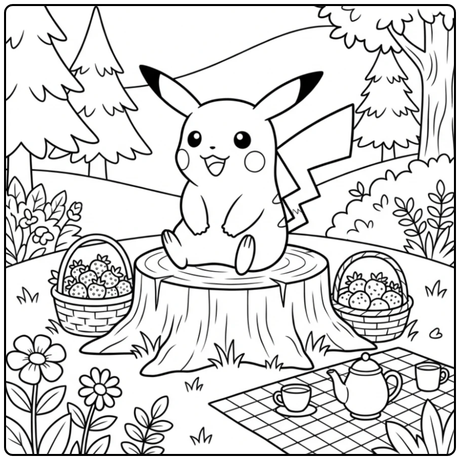 Vrolijke Pikachu kleurplaat bij een bos picknick.