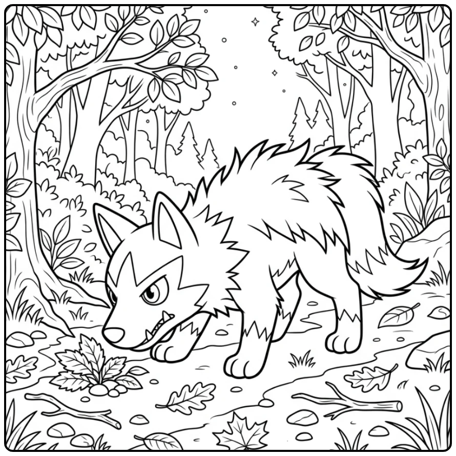 Leuke Pokemon Poochyena kleurplaat snuffelend in het bos.