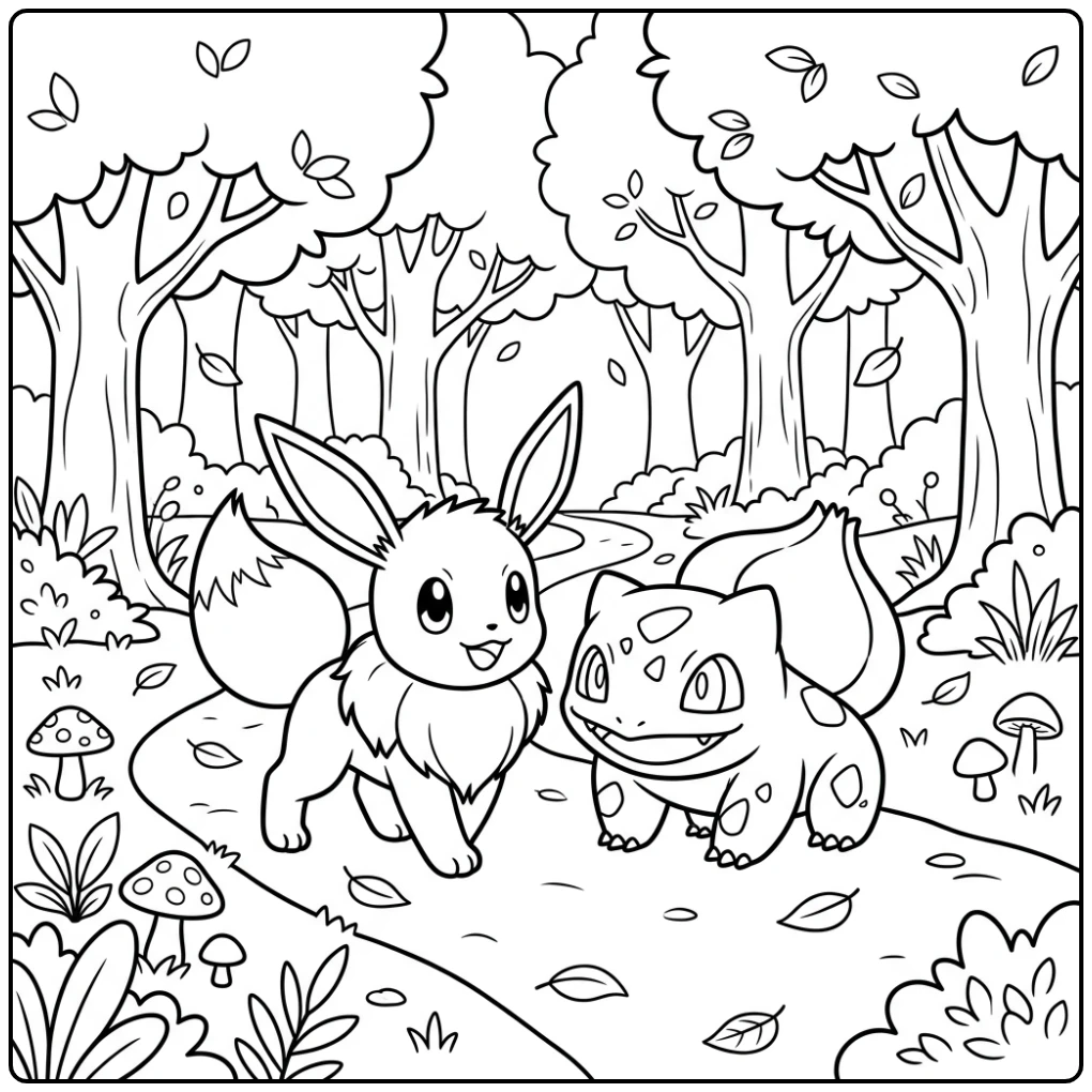 Eevee en Bulbasaur op avontuur: een vrolijke eevee kleurplaat om in te kleuren.