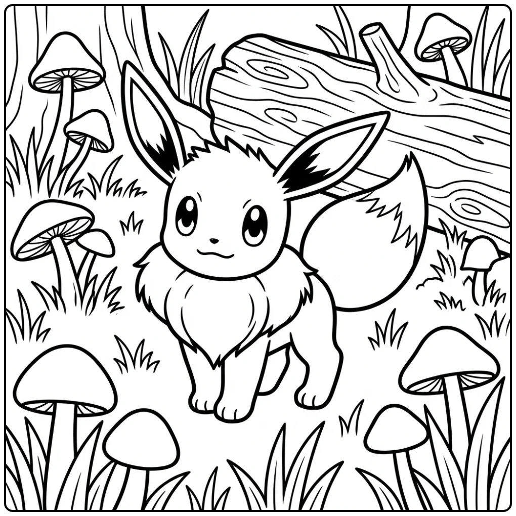 Pokemon Eevee kleurplaat in een magisch bos met paddenstoelen.
