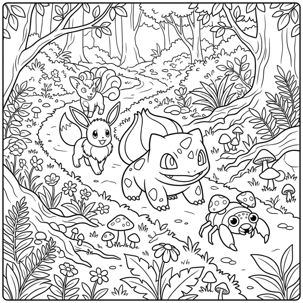 Leuke bulbasaur kleurplaat in het bos met vrienden.