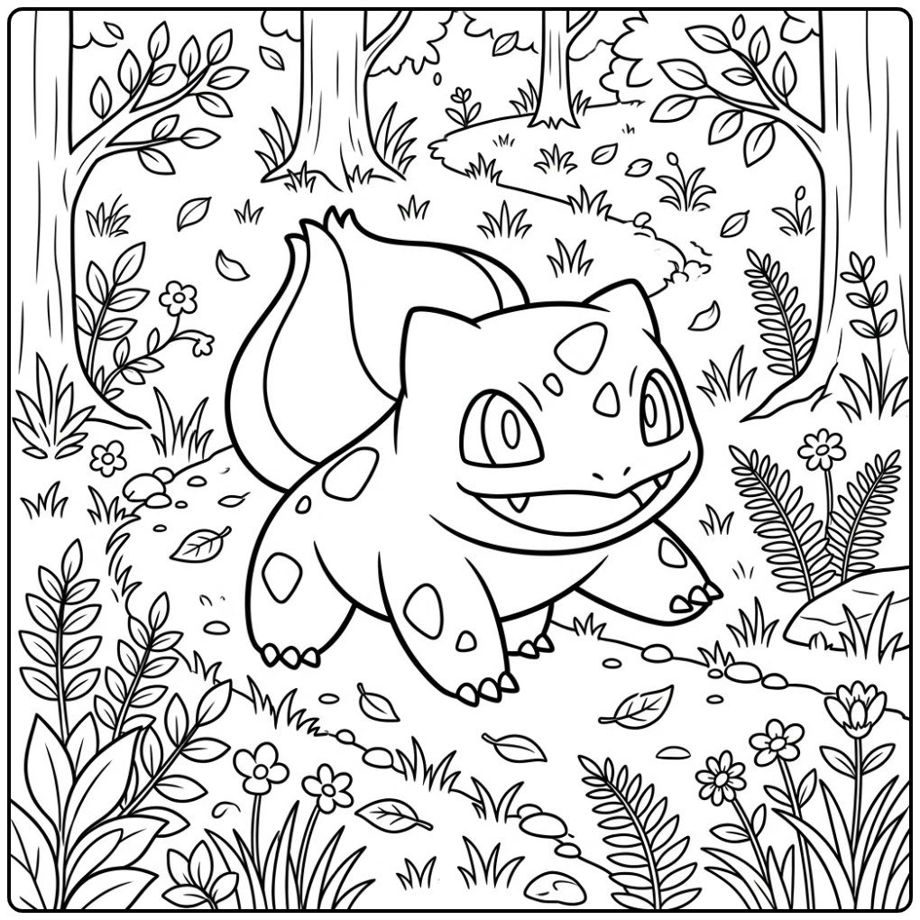 Vrolijke bulbasaur kleurplaat op een pad met blaadjes.