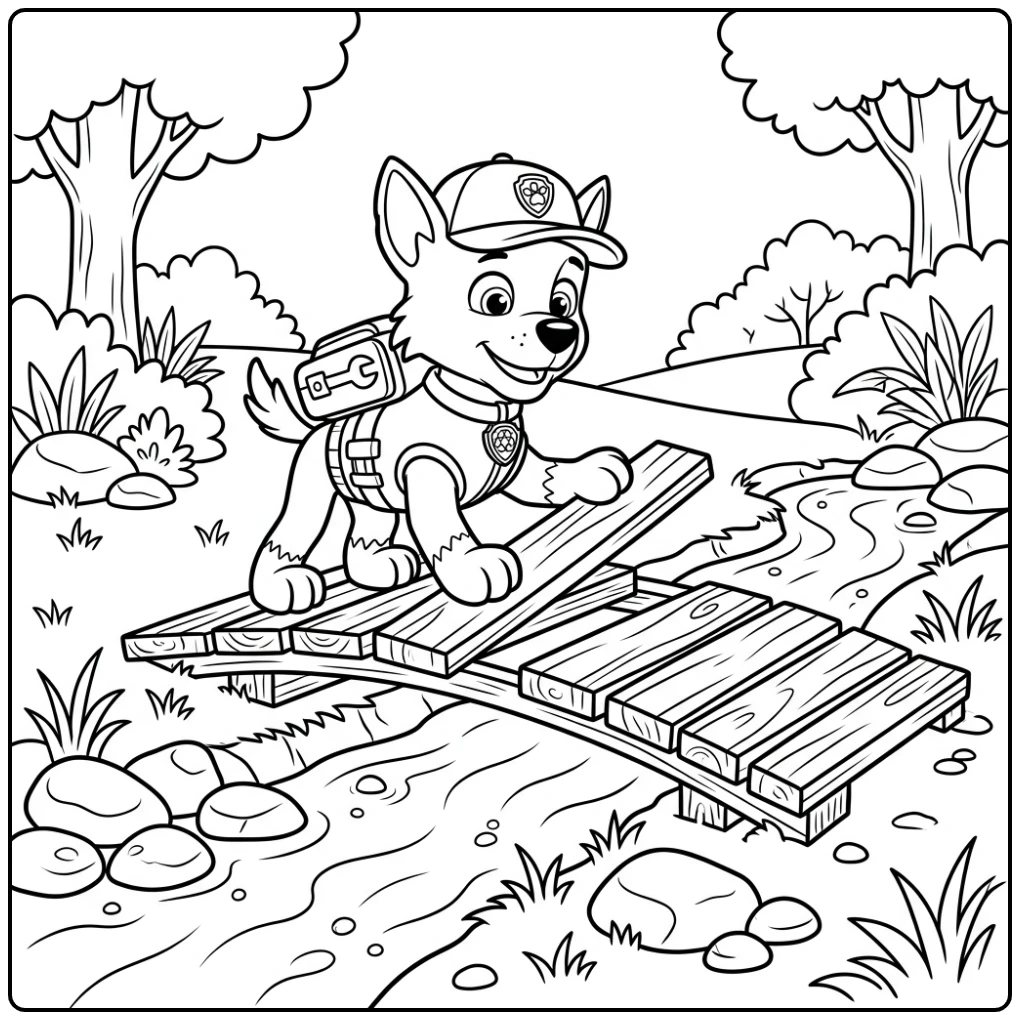 Rocky paw patrol kleurplaat: Bouwt een brug over beekje met planken