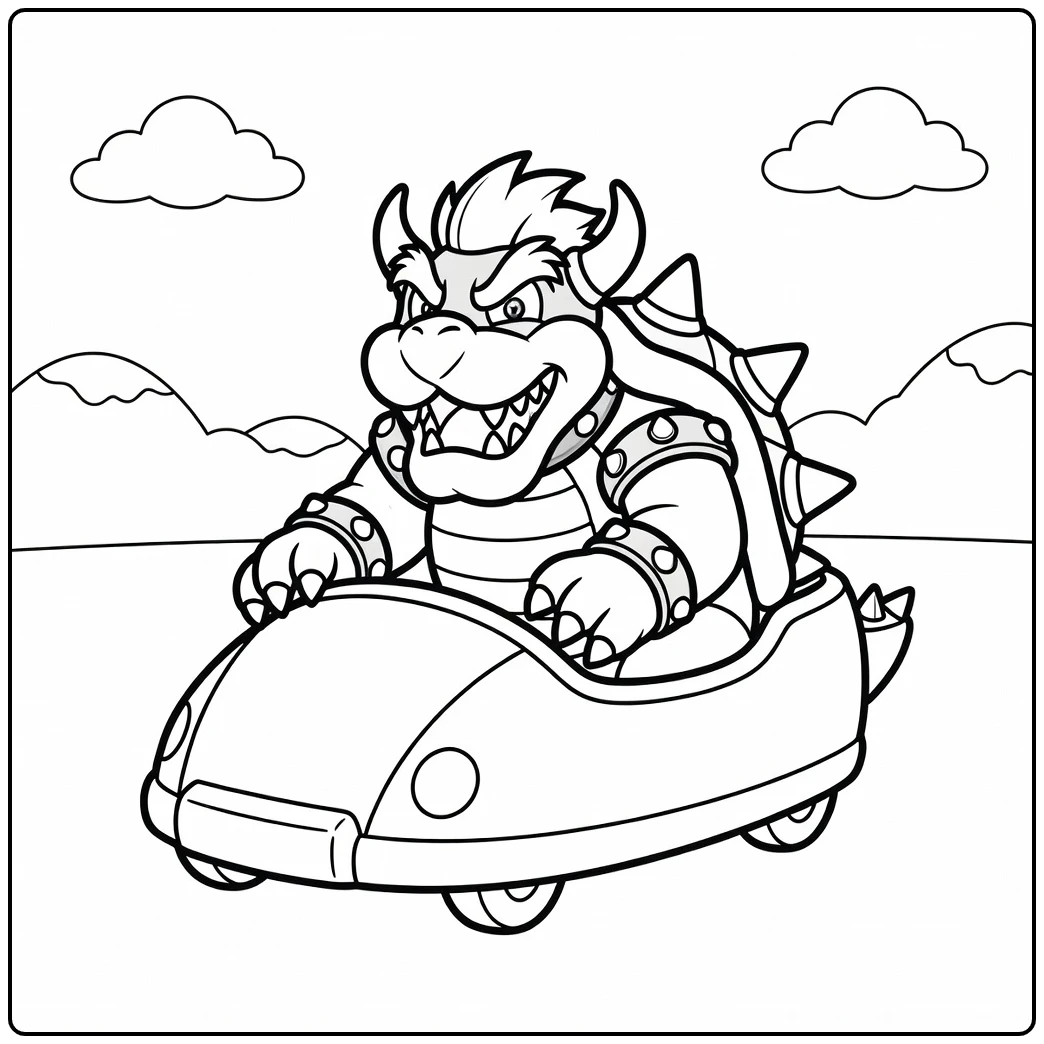 Een leuke bowser kleurplaat met zijn bekende clown auto.