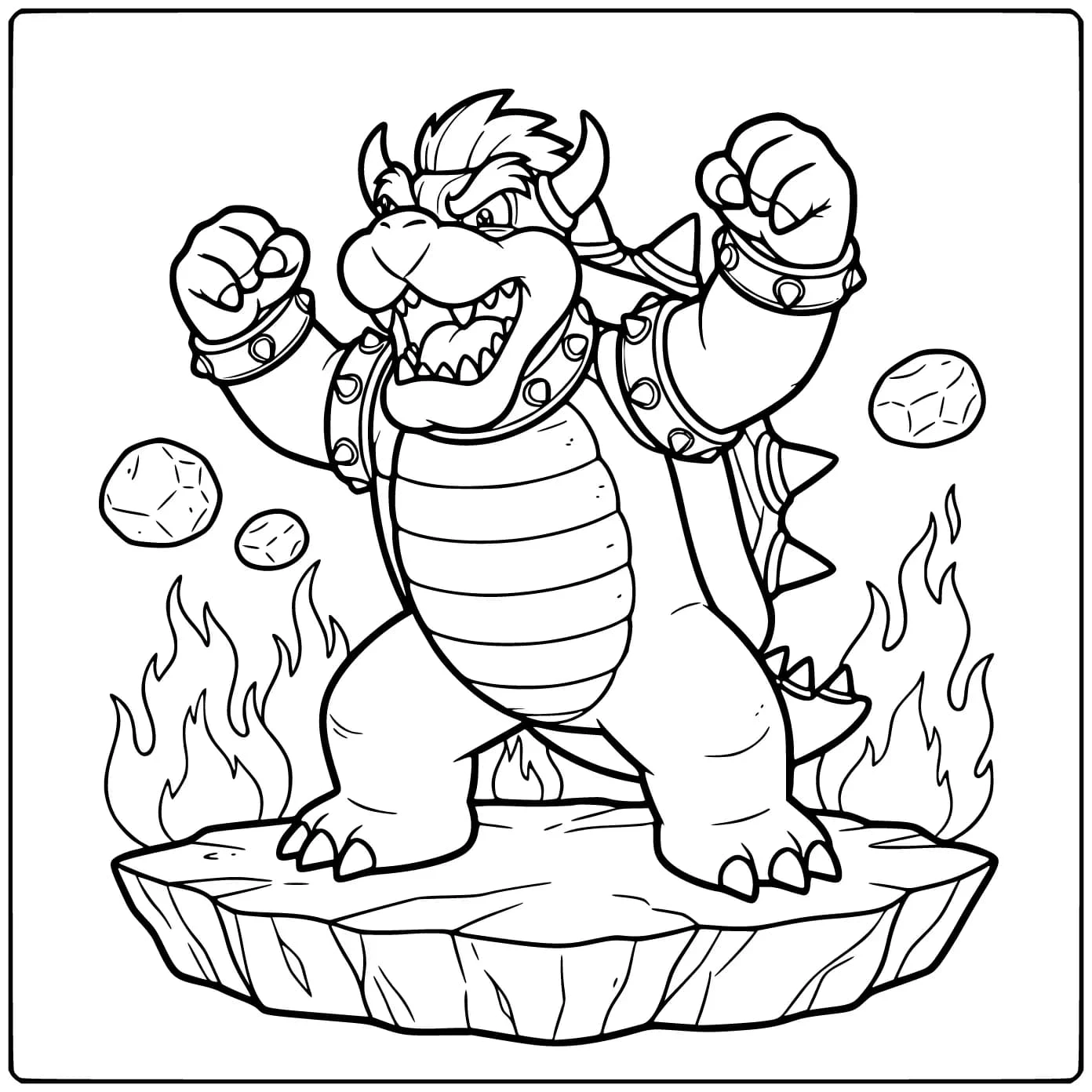 Stoere bowser kleurplaat met een gebalde vuist en schild.