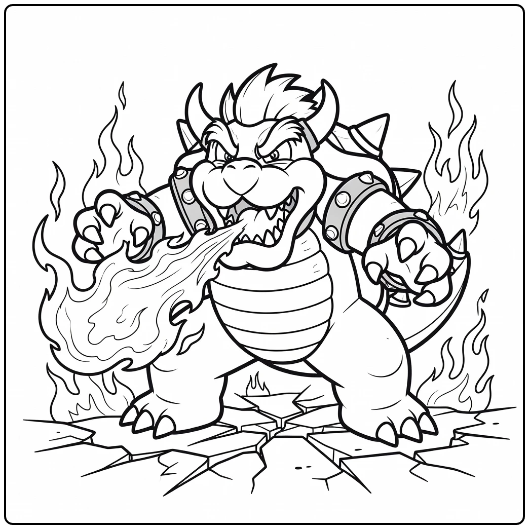 Vuurspuwende bowser kleurplaat in een stoere houding.