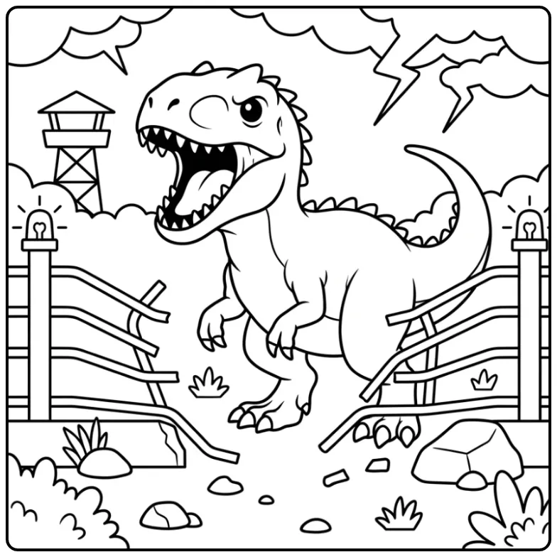 Stoere indominus rex kleurplaat achter een kapot hek.