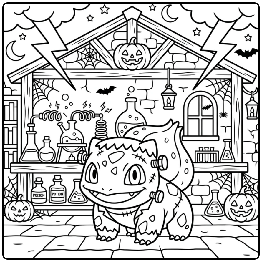 Leuke kleurplaat halloween pokemon: Bulbasaur als Frankenstein.