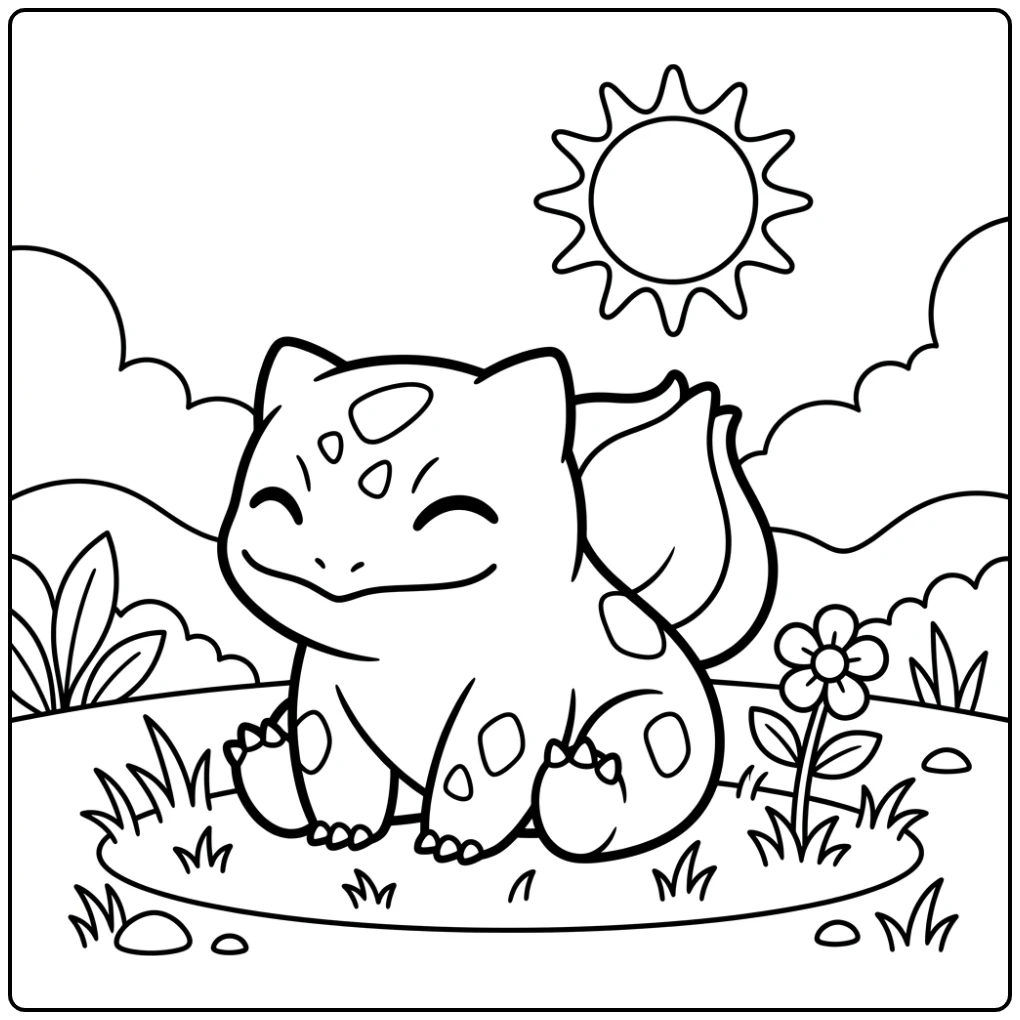 Bulbasaur en bloem onder de zon, een pokemon kleurplaat makkelijk.