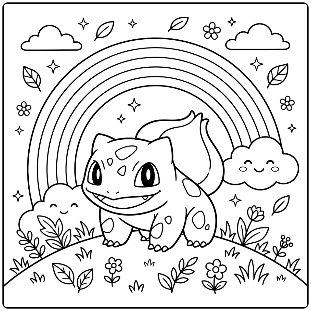 Vrolijke Bulbasaur met kleurplaat pokemon regenboog boven een heuvel.