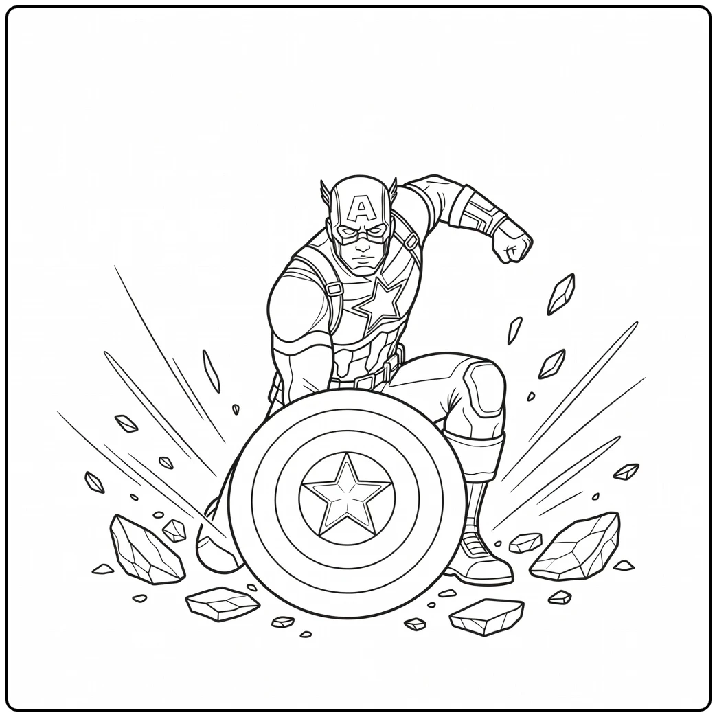Mooie captain america kleurplaat met schild op de grond.