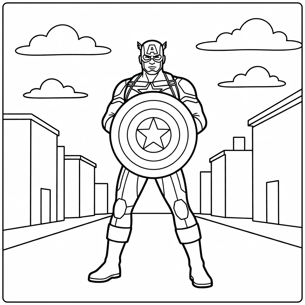 Heldhaftige captain america kleurplaat met schild.