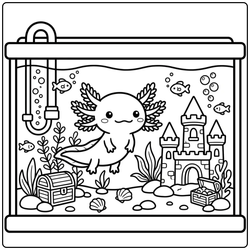 Een schattige axolotl kleurplaat met een aquarium kasteel.