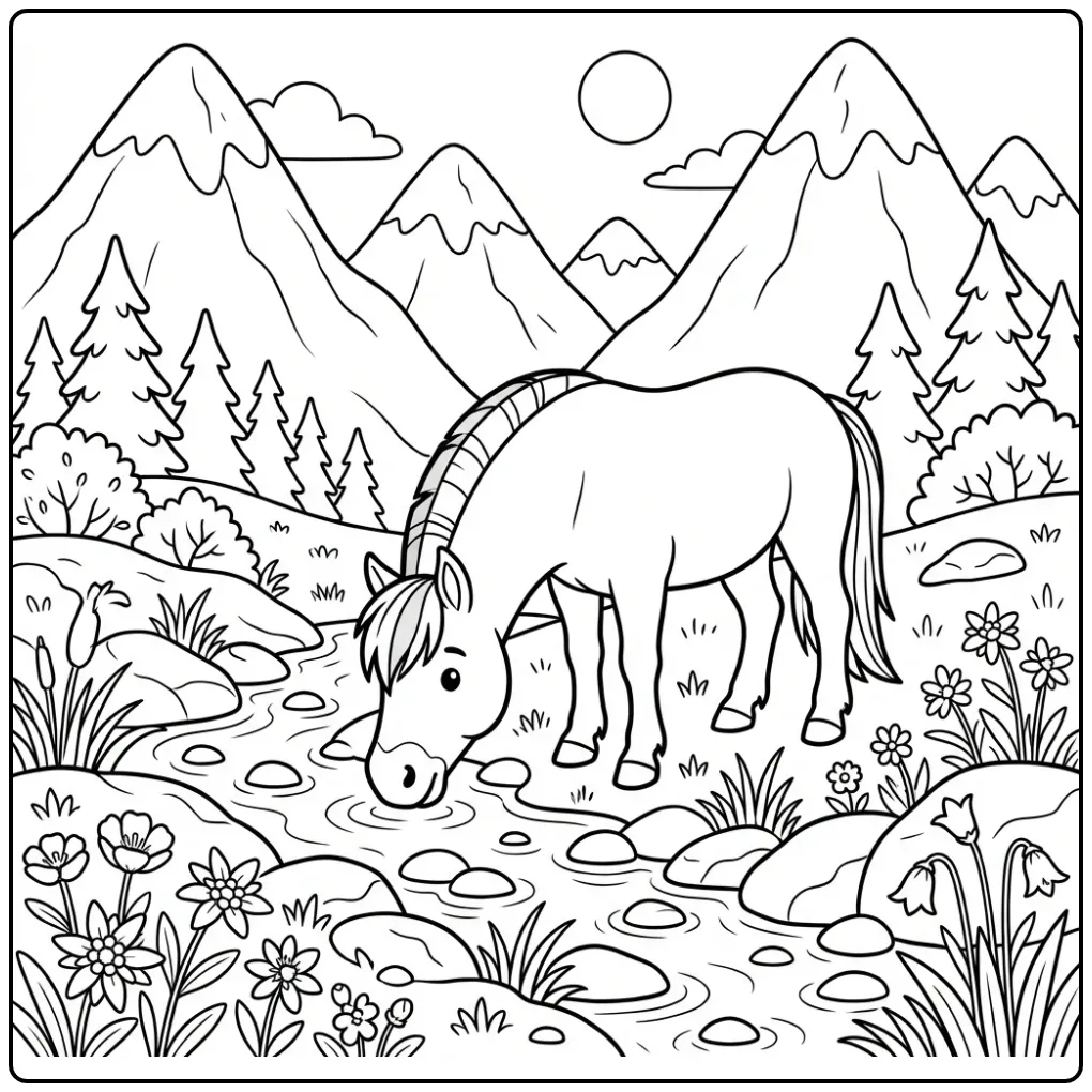 Leuke paarden kleurplaat fjord drinkend uit een bergbeekje.