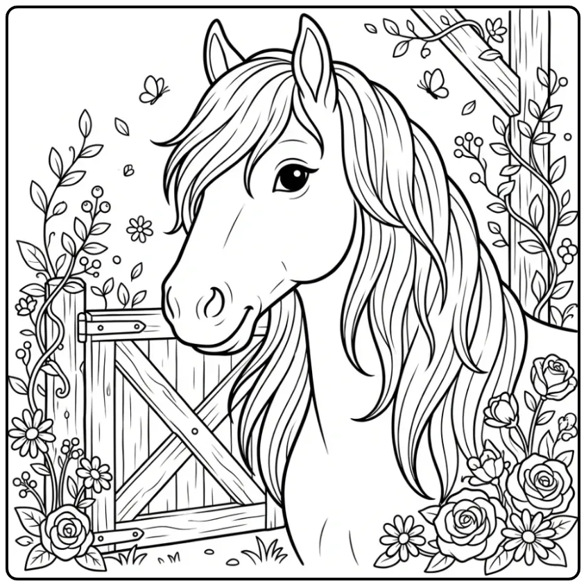 Schattige paarden kleurplaat fries bij een houten hek.