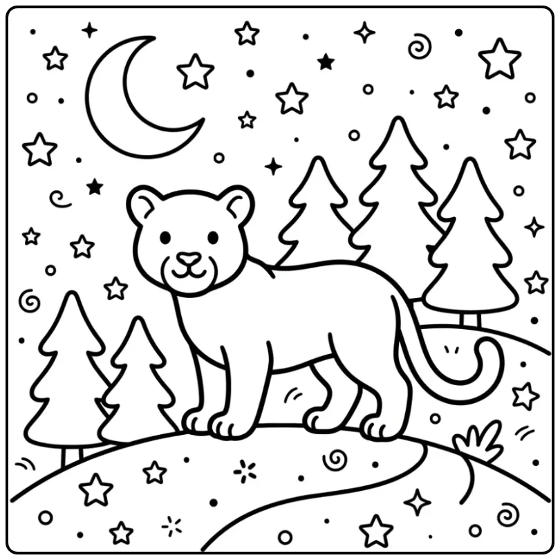Schattige puma kleurplaat op een heuvel onder de sterren.