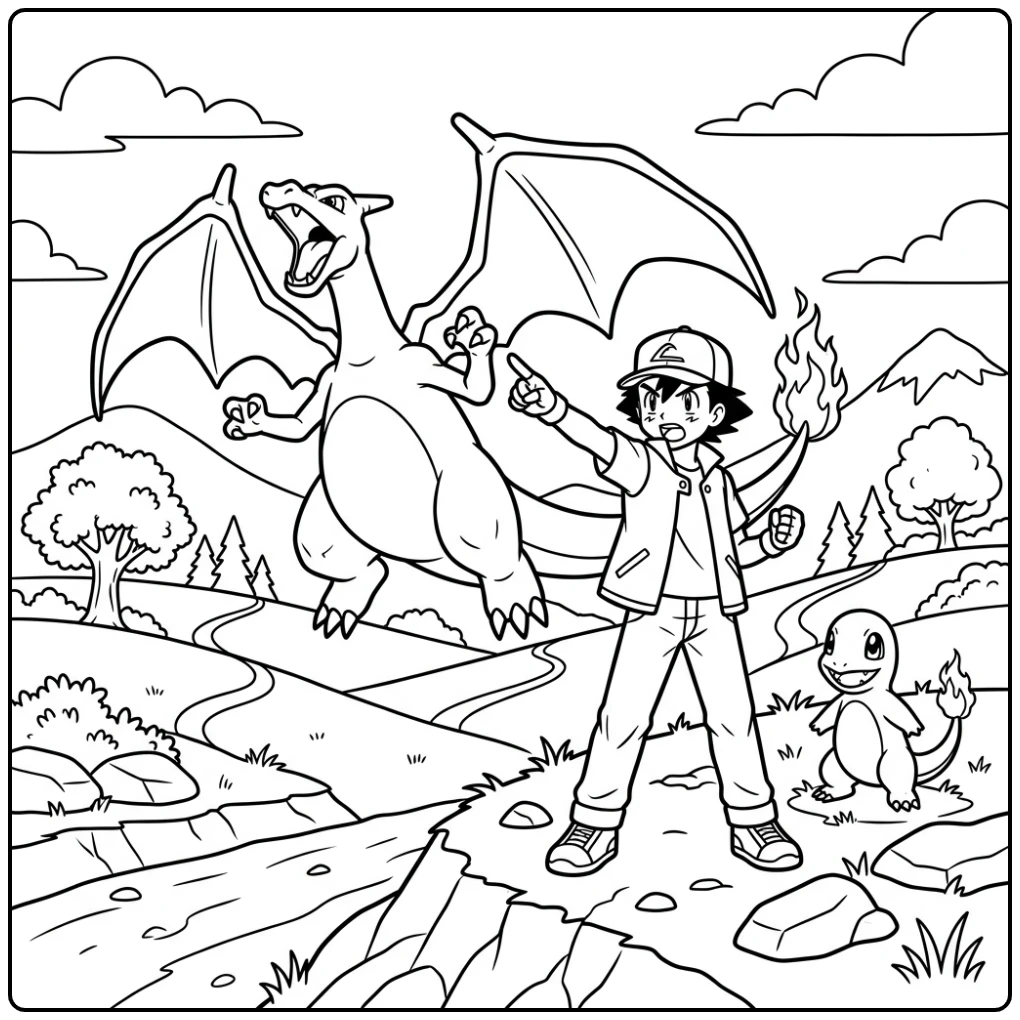 Actievolle pokemon kleurplaat charizard x met Ash en Charmander