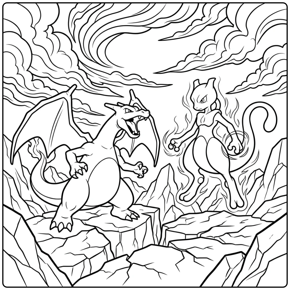 Intense charizard kleurplaat: epische strijd Charizard en Mewtwo