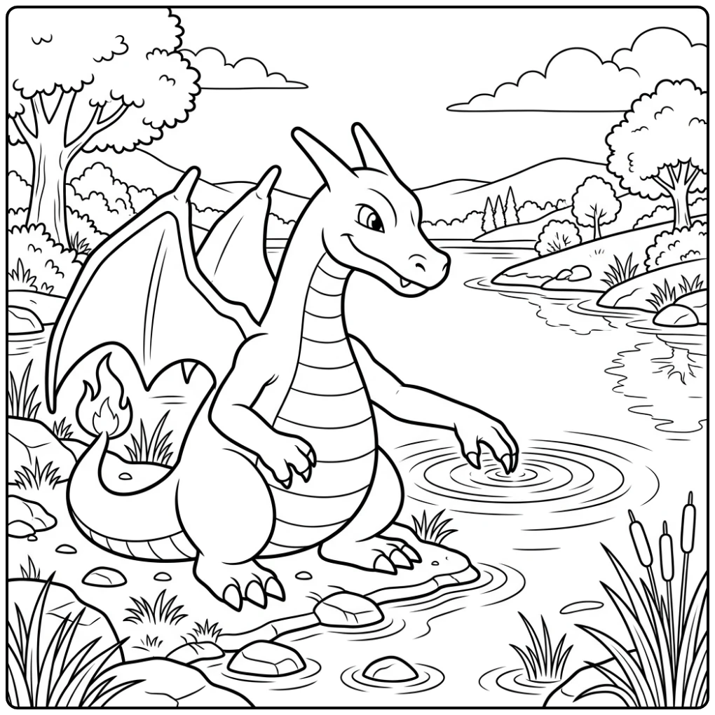 Vriendelijke charizard kleurplaat bij rustig meer, poot in water