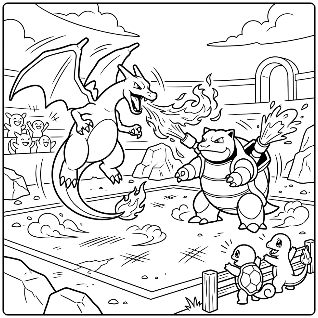 Charizard kleurplaat: Epische strijd tussen Charizard en Blastoise.