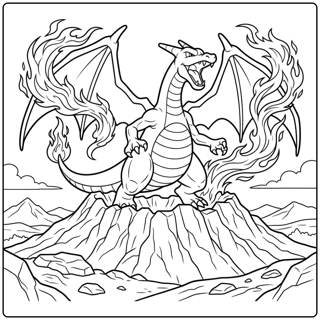 Dramatische charizard kleurplaat met vlammen uit vulkaan