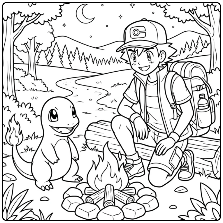 Leuke charmander kleurplaat met Satoshi bij het kampvuur.