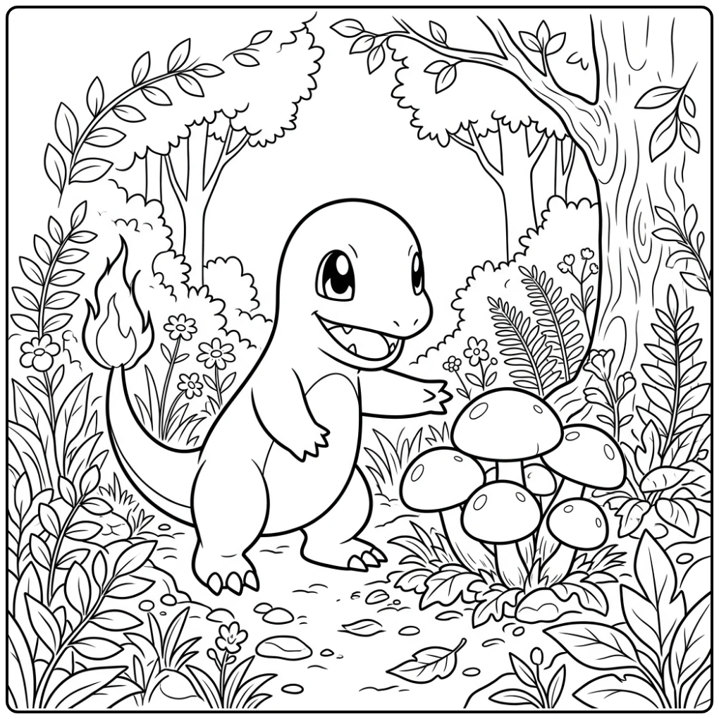 Nieuwsgierige charmander kleurplaat met ronde paddenstoelen.