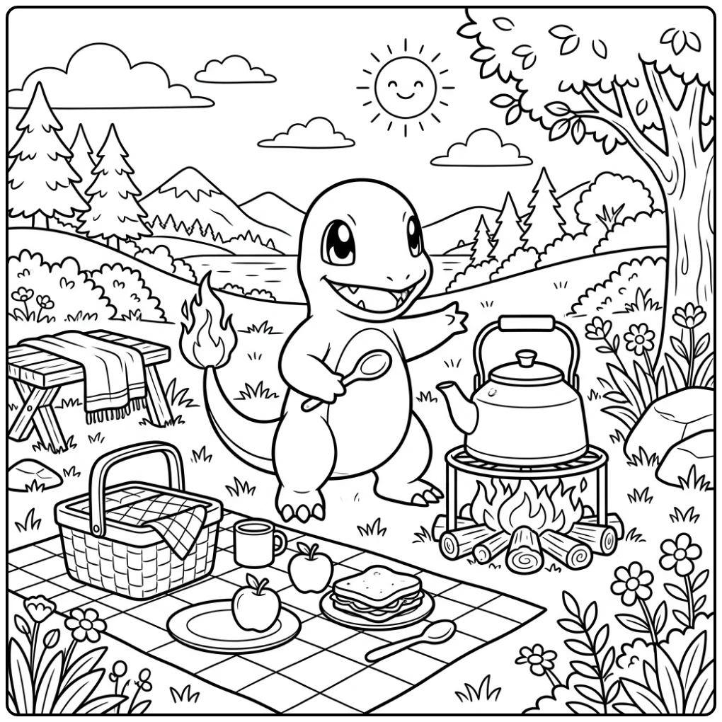 Een vrolijke charmander kleurplaat met een kampvuurketel.