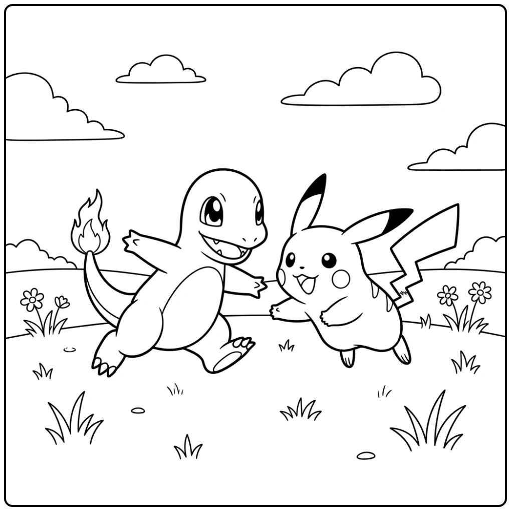 Een vrolijke charmander kleurplaat met rennende Pikachu.
