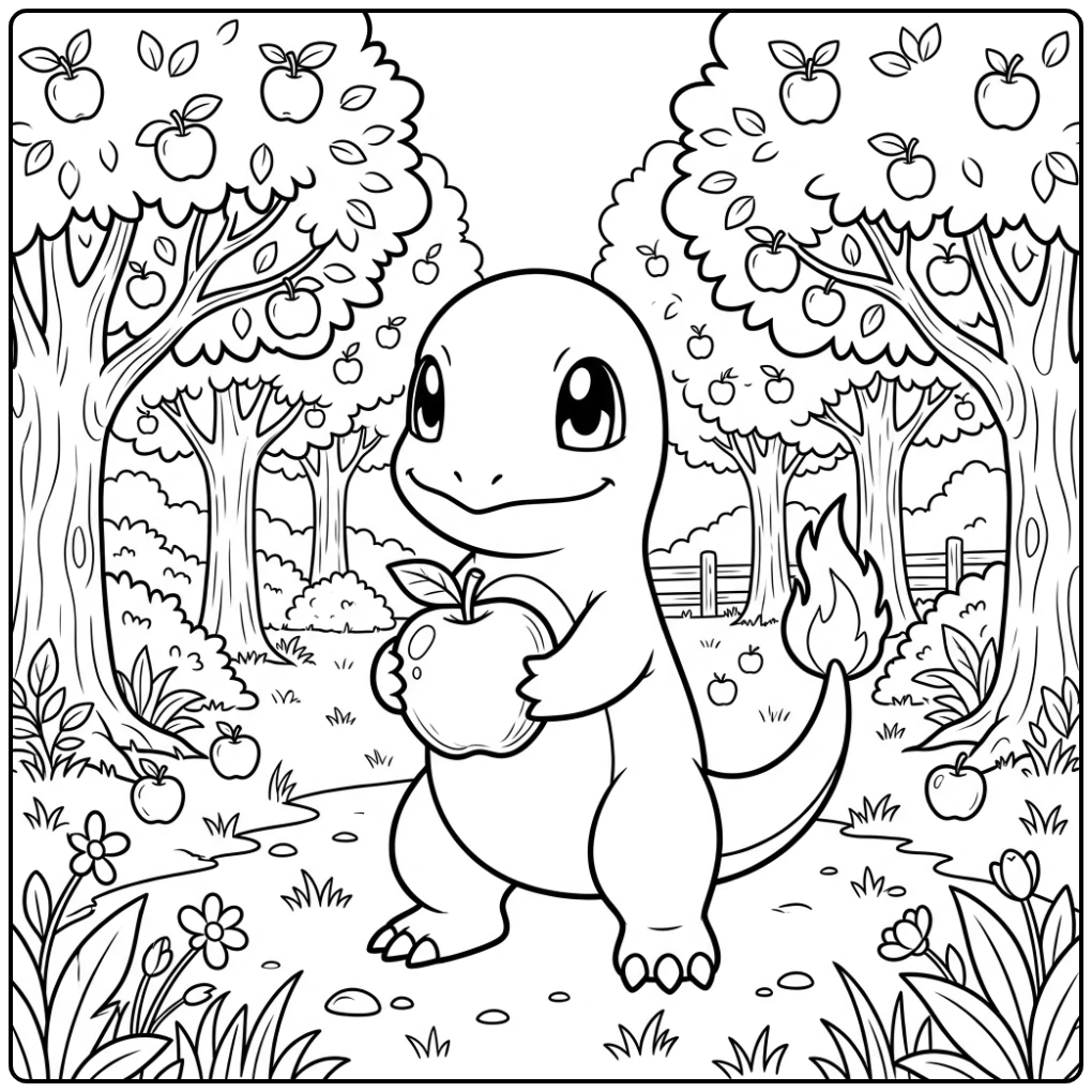 Lieve charmander kleurplaat met een appel in de boomgaard.