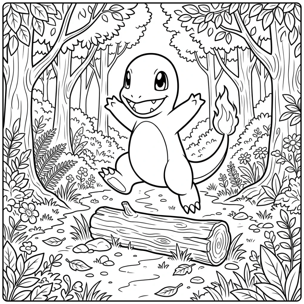 Vrolijke charmander kleurplaat, springend over een houtblok.