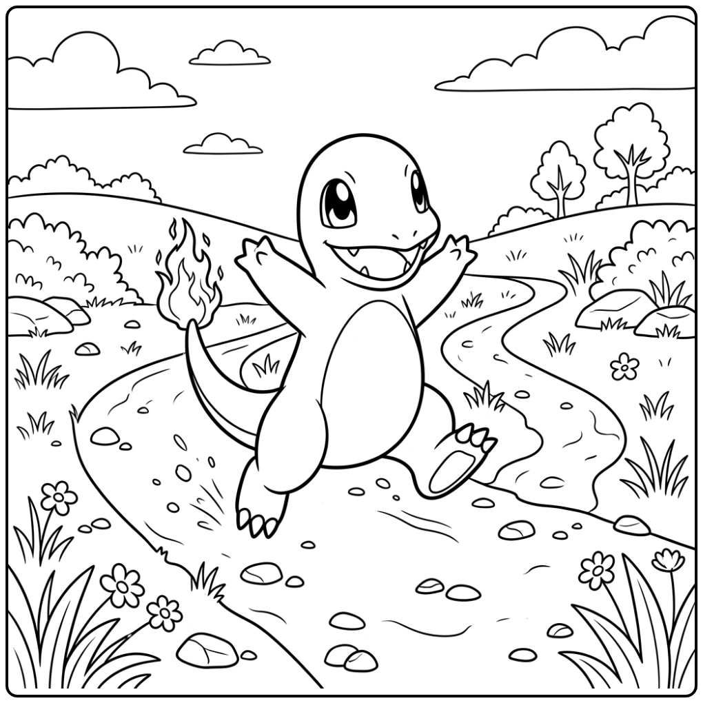 Vrolijke rennende charmander kleurplaat met plantjes.