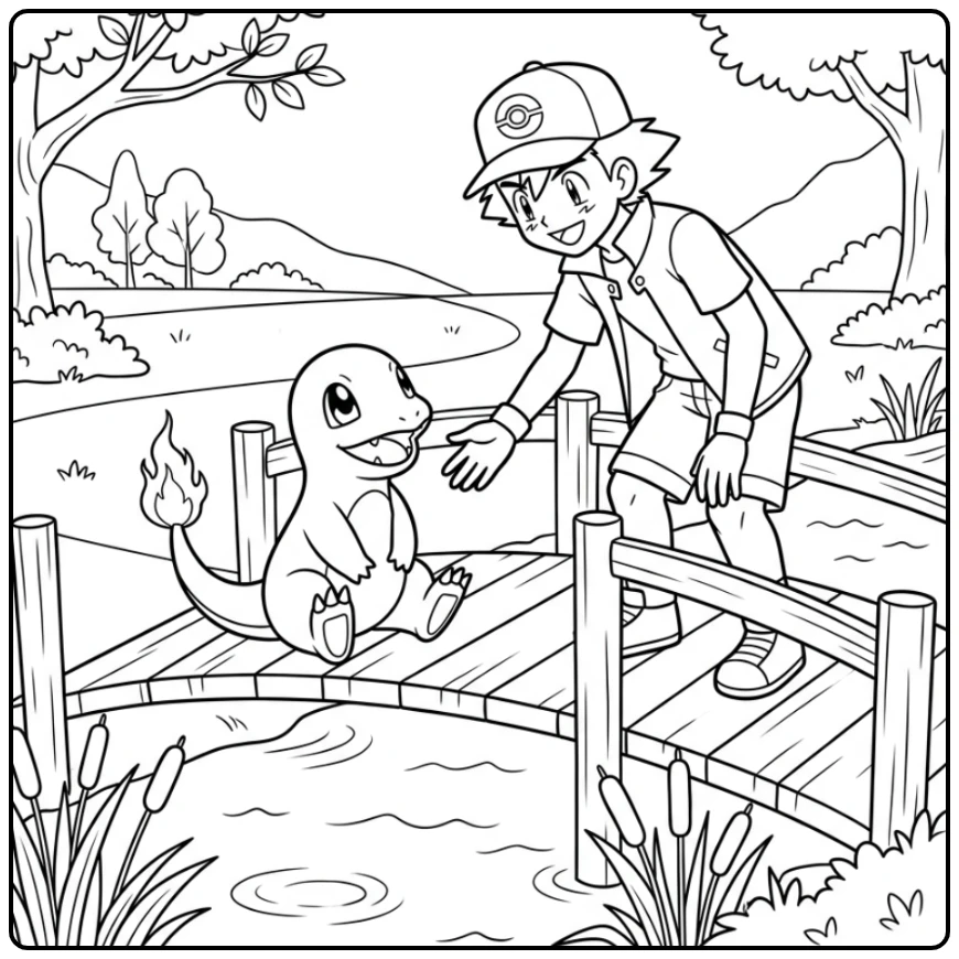 Vrolijke charmander kleurplaat met Satoshi op een brug.