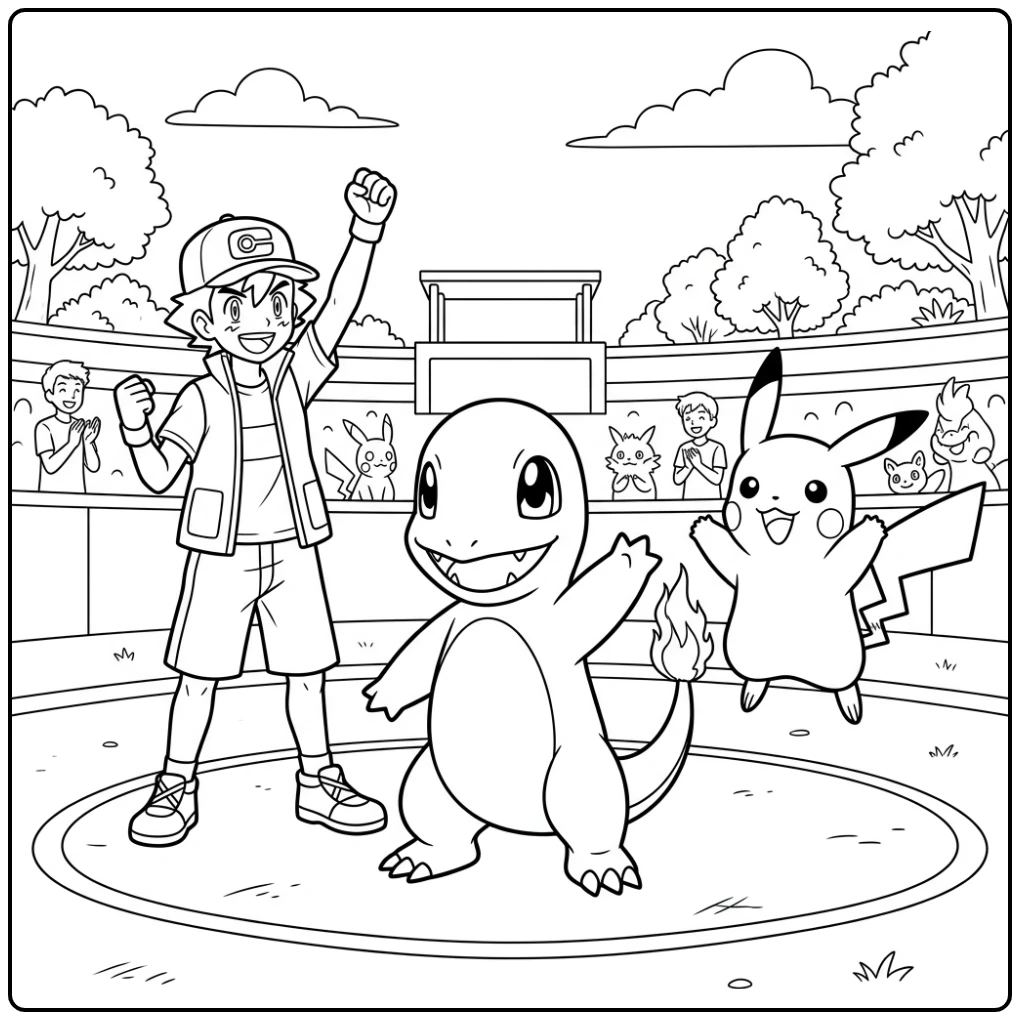 Vrolijke charmander kleurplaat met Ash en Pikachu.