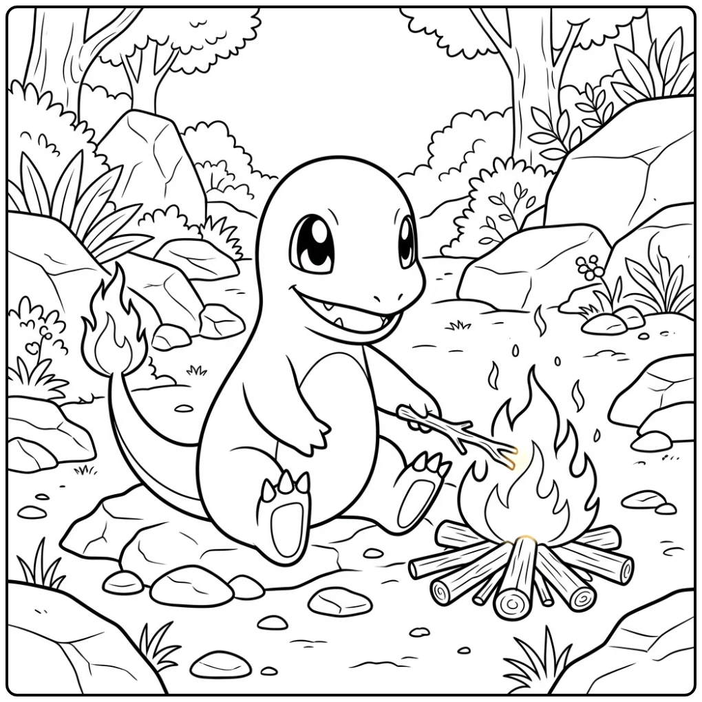 Charmander pokemon kleurplaat: Charmander bij een kampvuur in de rotsen.