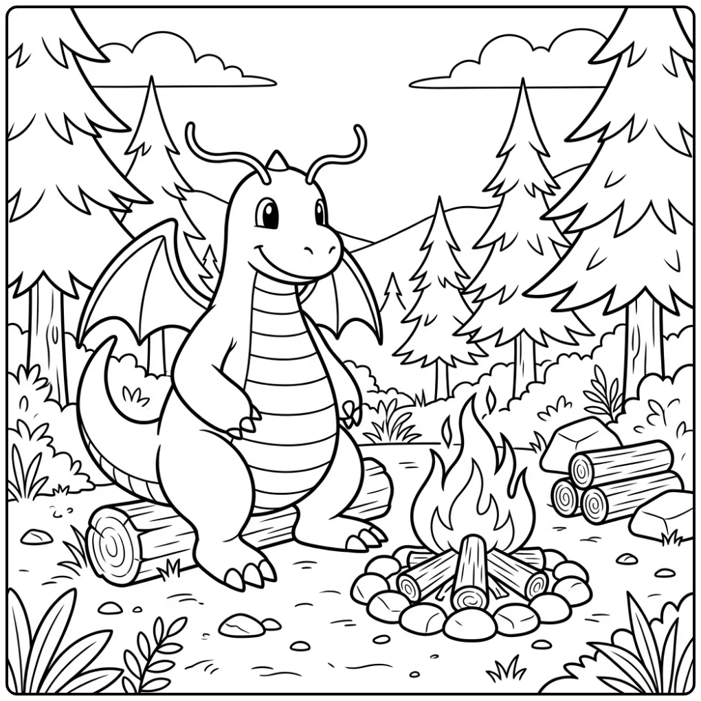 Cozy dragonite kleurplaat van Dragonite bij een kampvuur in het bos