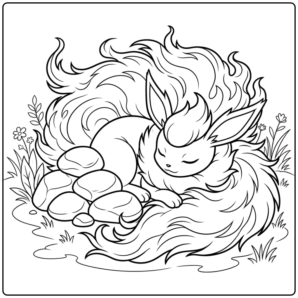 Vredige Flareon pokemon kleurplaat bij warme stenen met vlammend bont.
