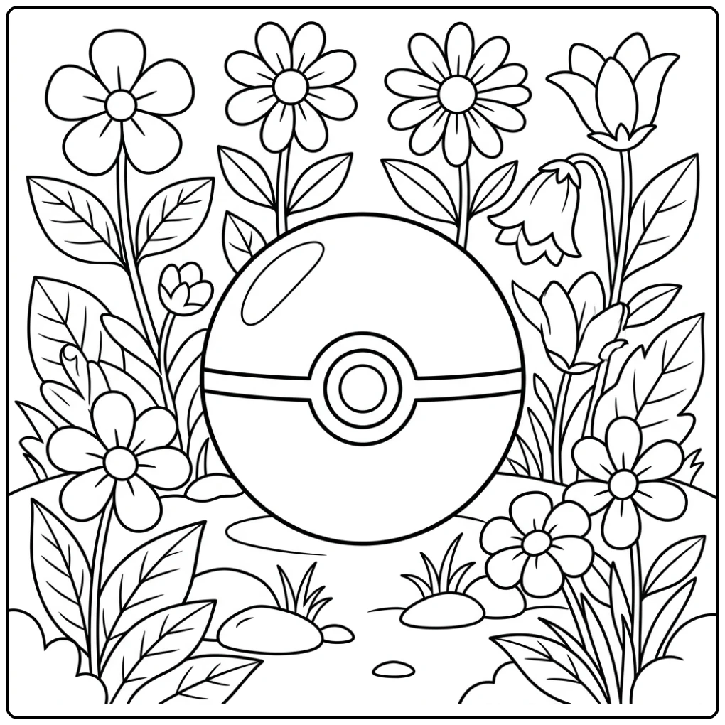 Pokemon bal kleurplaat in bloementuin met grote cartoonbloemen.