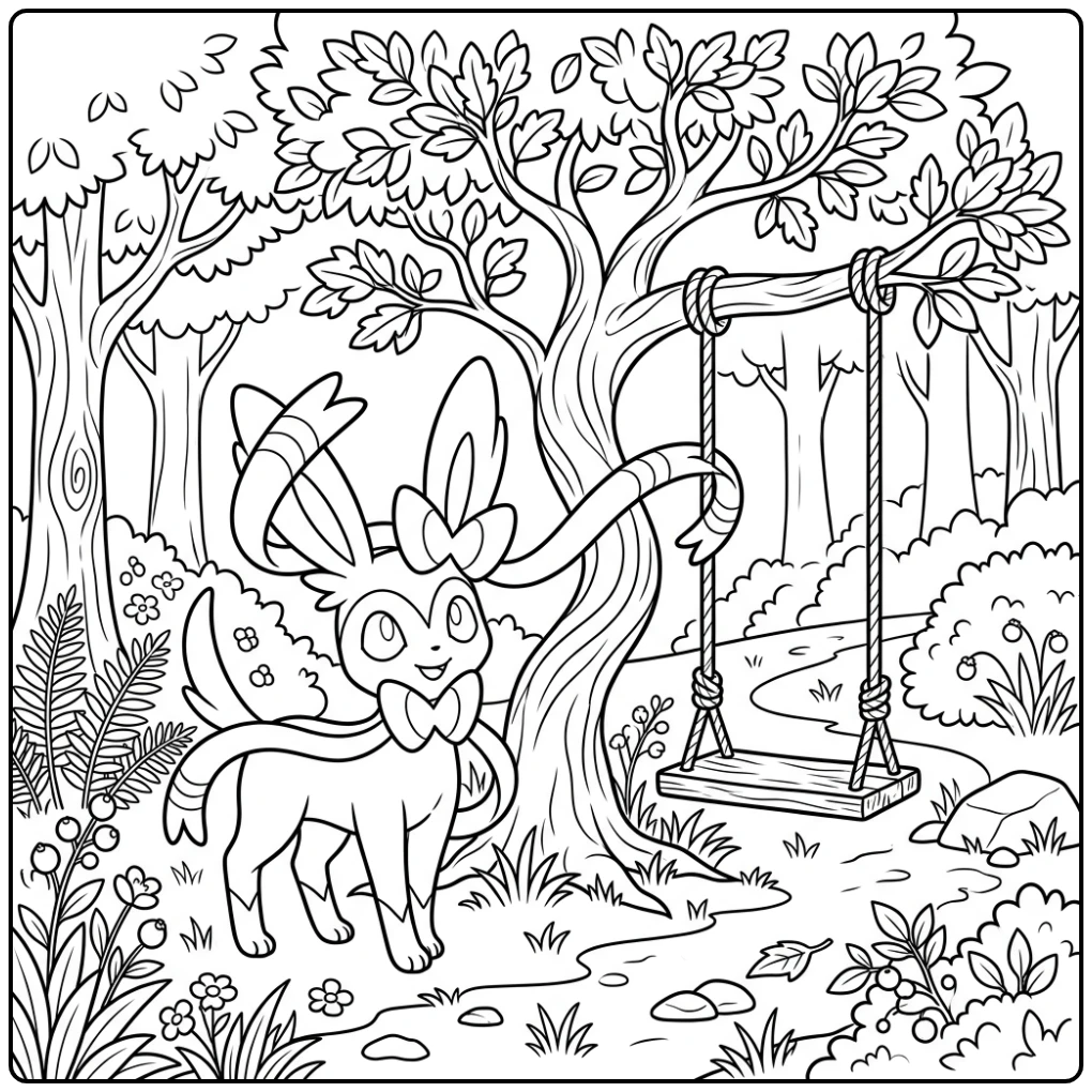 Sylveon kleurplaat met linten om een schommel bij een boom.