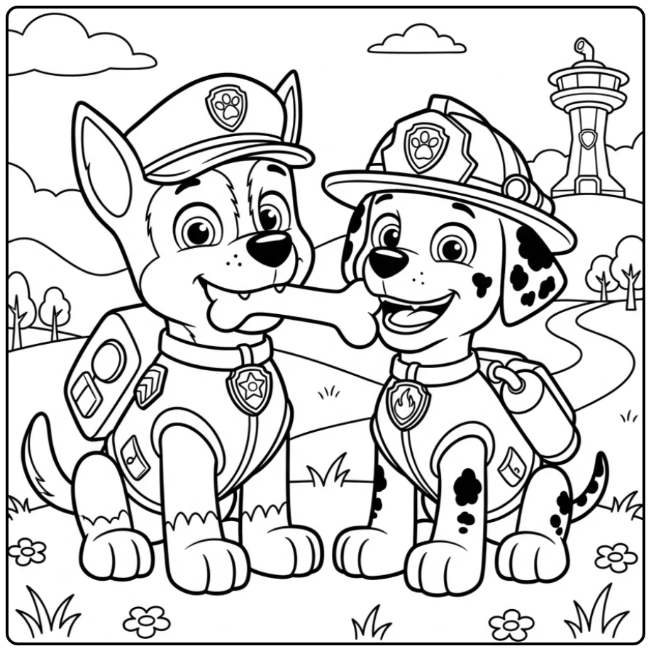 paw patrol kleurplaat makkelijk met Chase en Marshall die bot delen