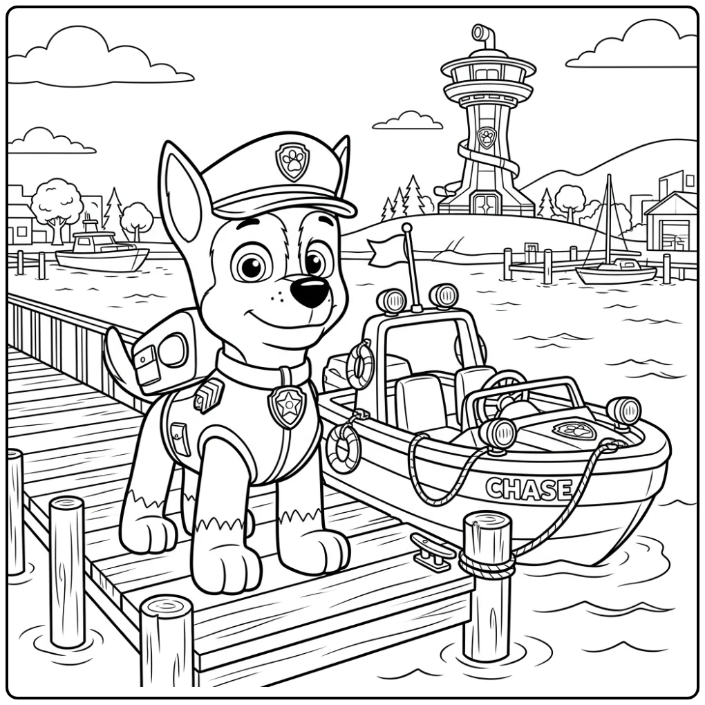 Kleurplaat paw patrol chase bij reddingsboot aan houten pier