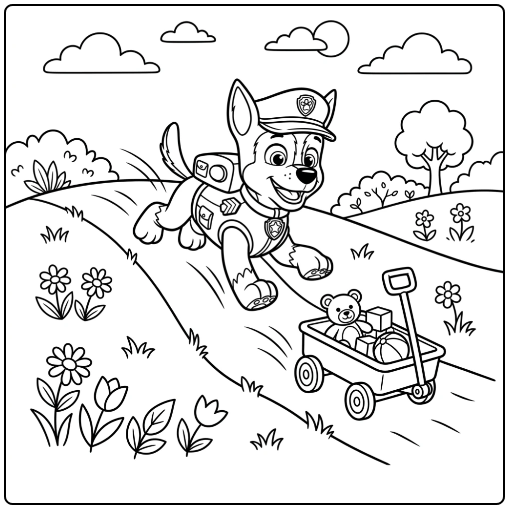 Actievolle kleurplaat paw patrol chase, glijdend van een heuvel achter een wagen aan.