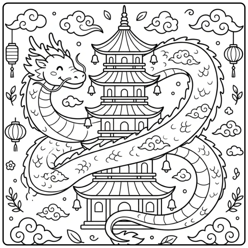 Een sierlijke chinese draak kleurplaat rondom een pagode.
