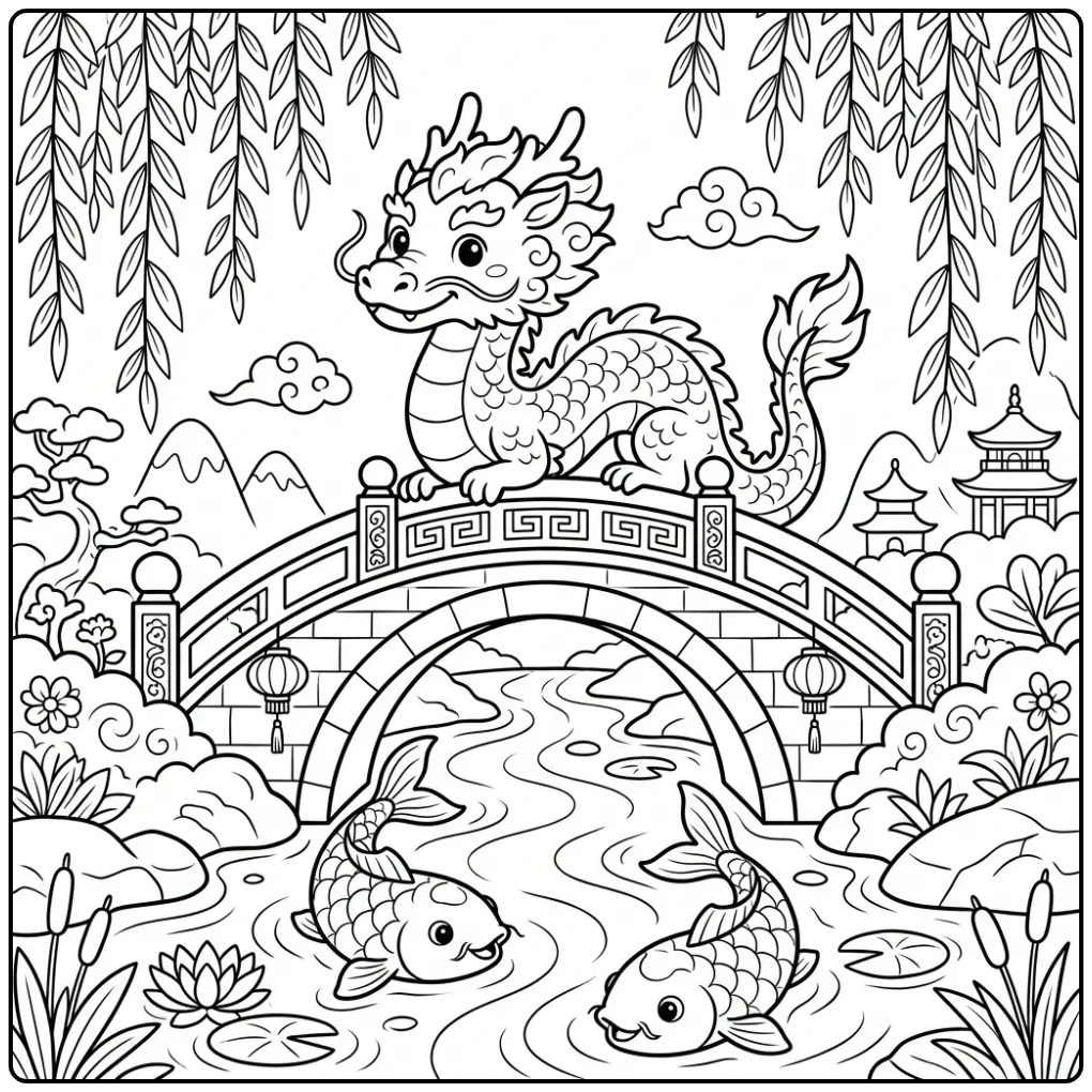 Schattige chinese draak kleurplaat op een stenen brug.