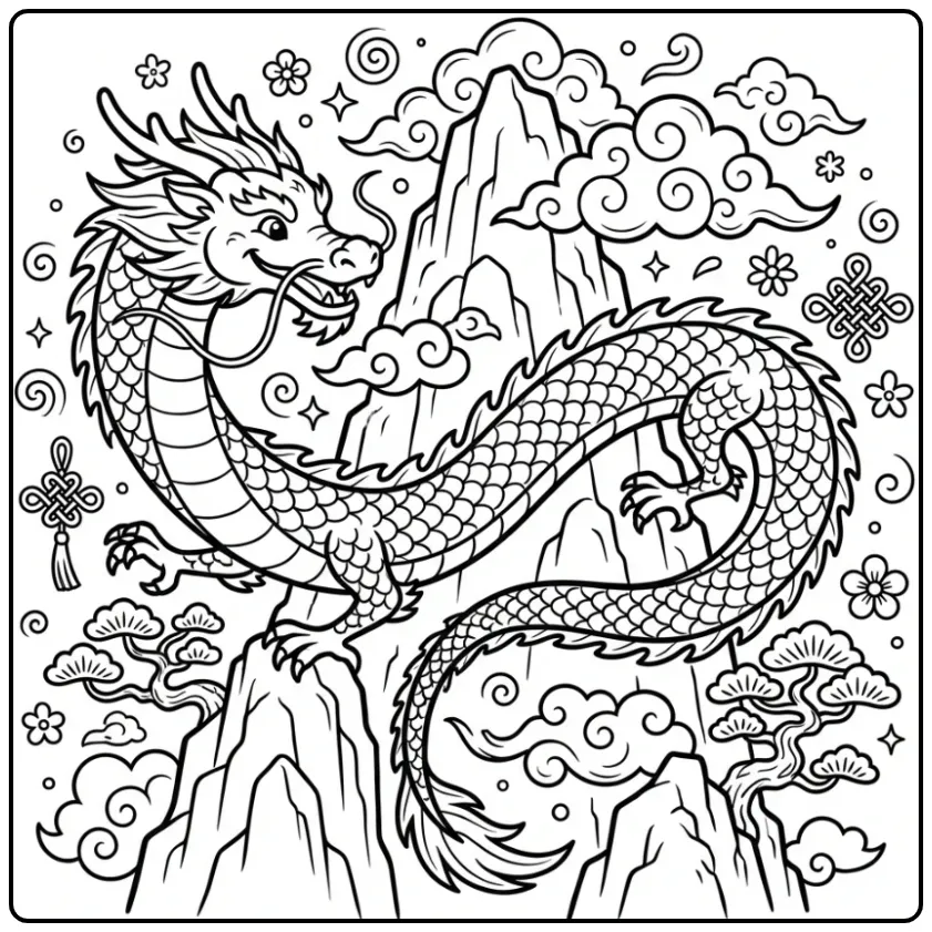 Schattige chinese draak kleurplaat op een hoge bergtop.