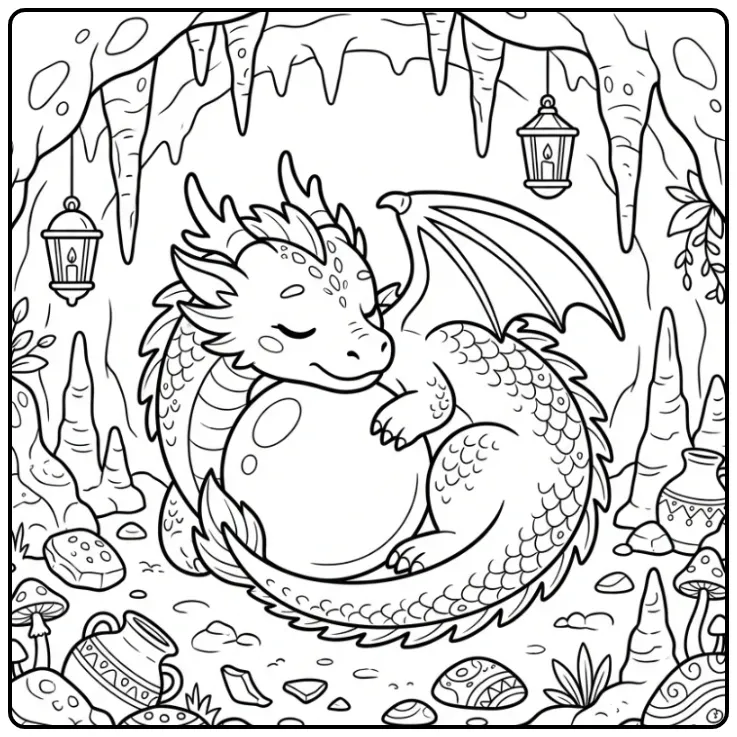 Schattige slapende chinese draak kleurplaat met parel.