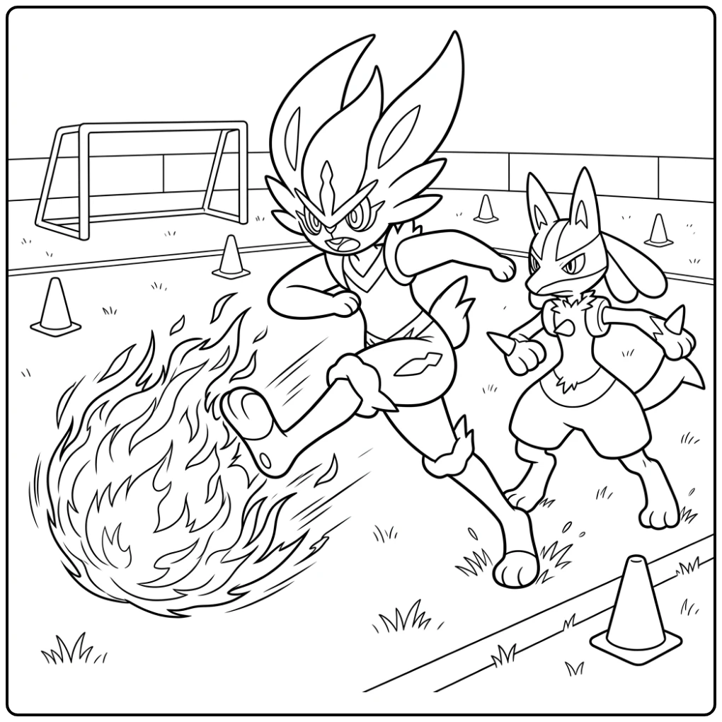 Dynamische kleurplaat pokemon cinderace met Lucario op trainingsveld.
