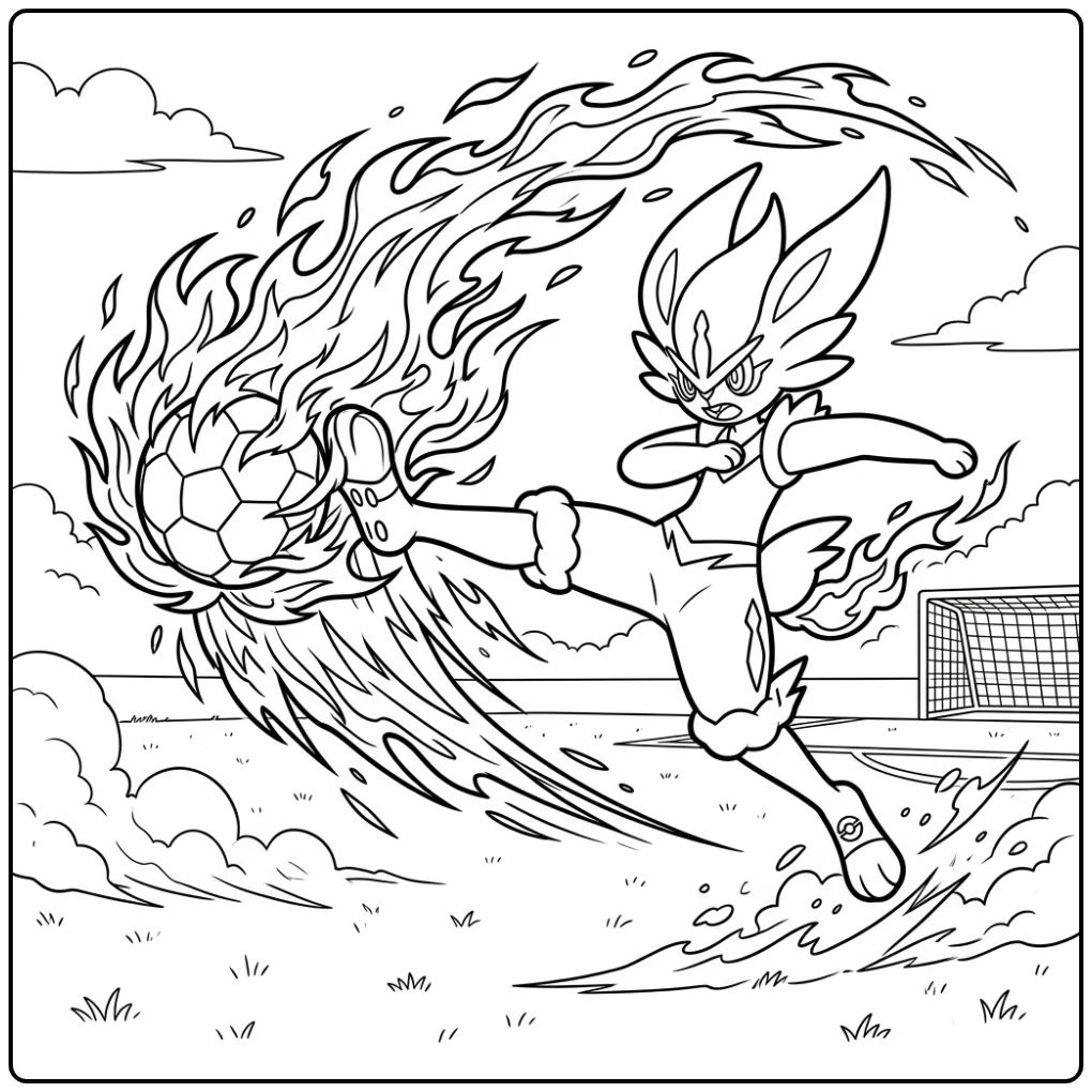 Dynamische kleurplaat pokemon cinderace kick met vlammend effect