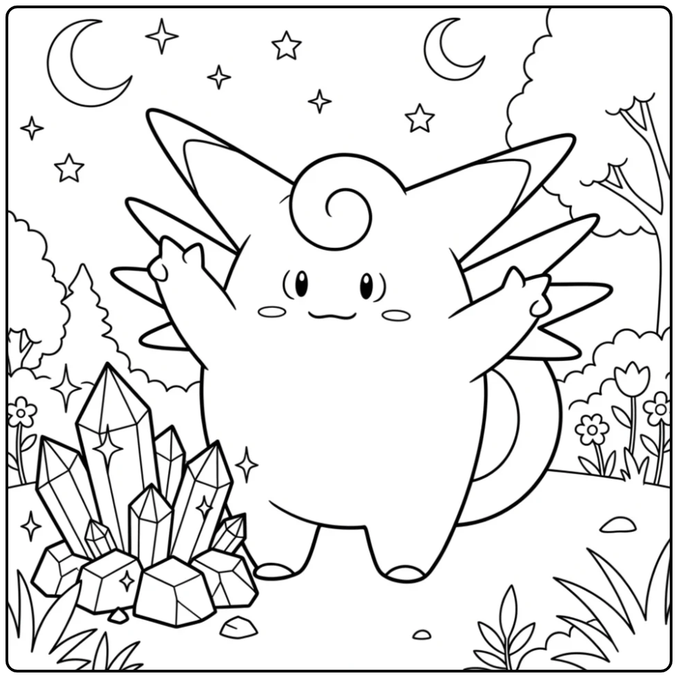 Mooie Clefable kleurplaat bij een sprankelende kristalrots.